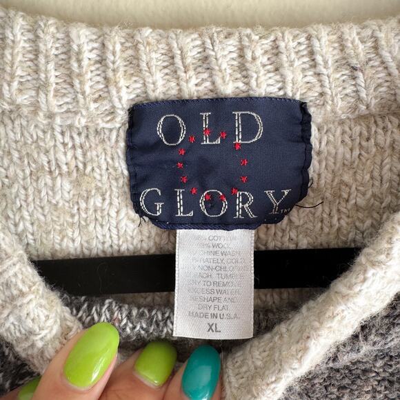 Vintage Old Glory Grey + Cream Colorblock Cable Knit Wool Blend Sweater - XL - Picture 3 of 5